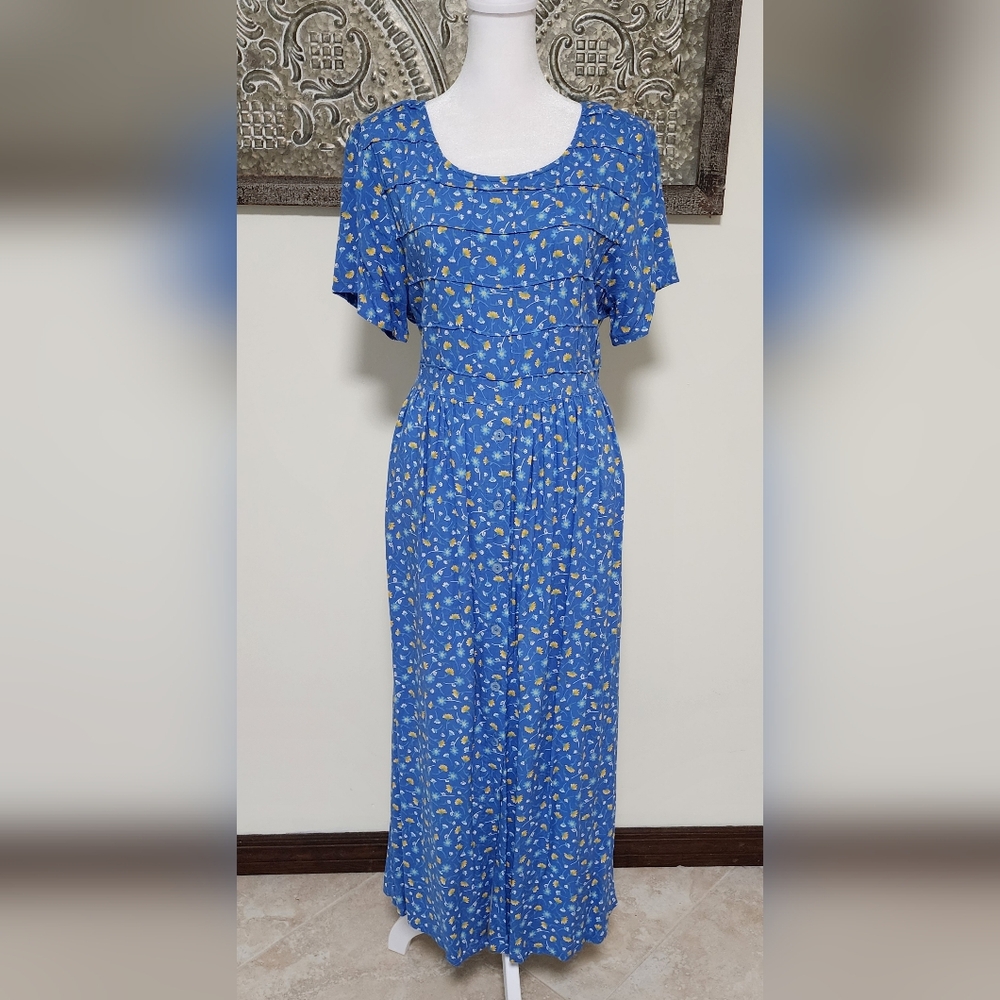 Erika Studio Vintage 80's Blue&Yellow Floral Maxi Dress Large Cottagecore Picnic